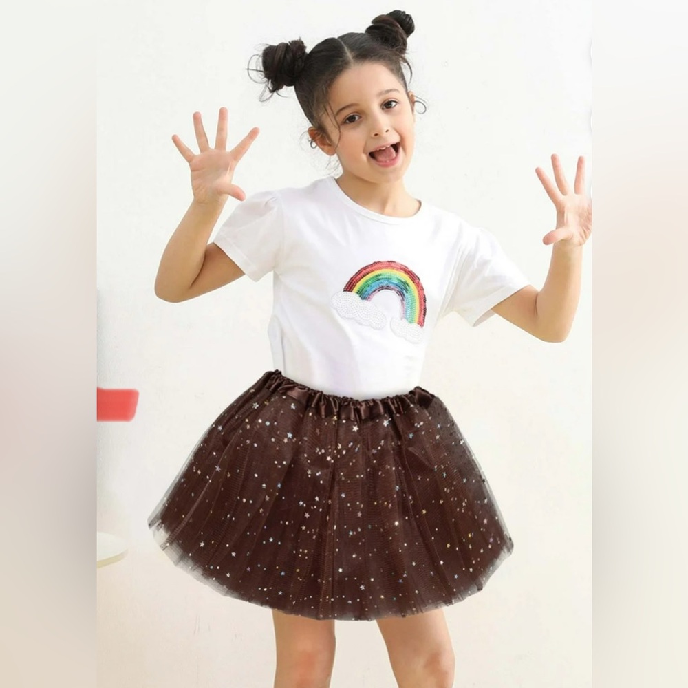 Girls Brown Sparkle Star Tulle Tutu Skirt Twirl Dance Costume 2-8Y